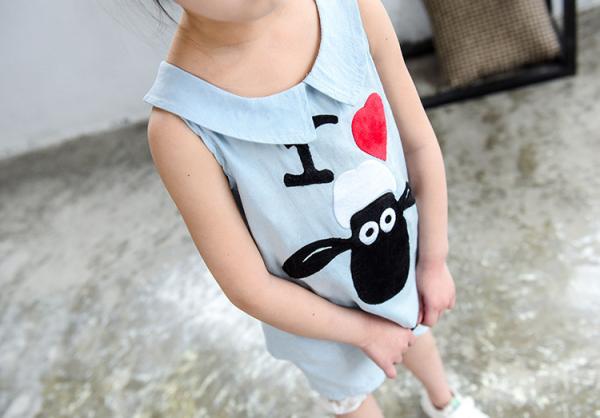 2016 Fashion Girl Kid's Clothes Set Little Sheep Sleeveless Tops+ Short Pants Jeans T309