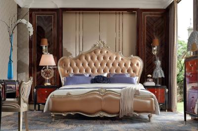 Luxury Bedroom furniture of Leather king size bed with Nightstand in Ebony wood glossy painting