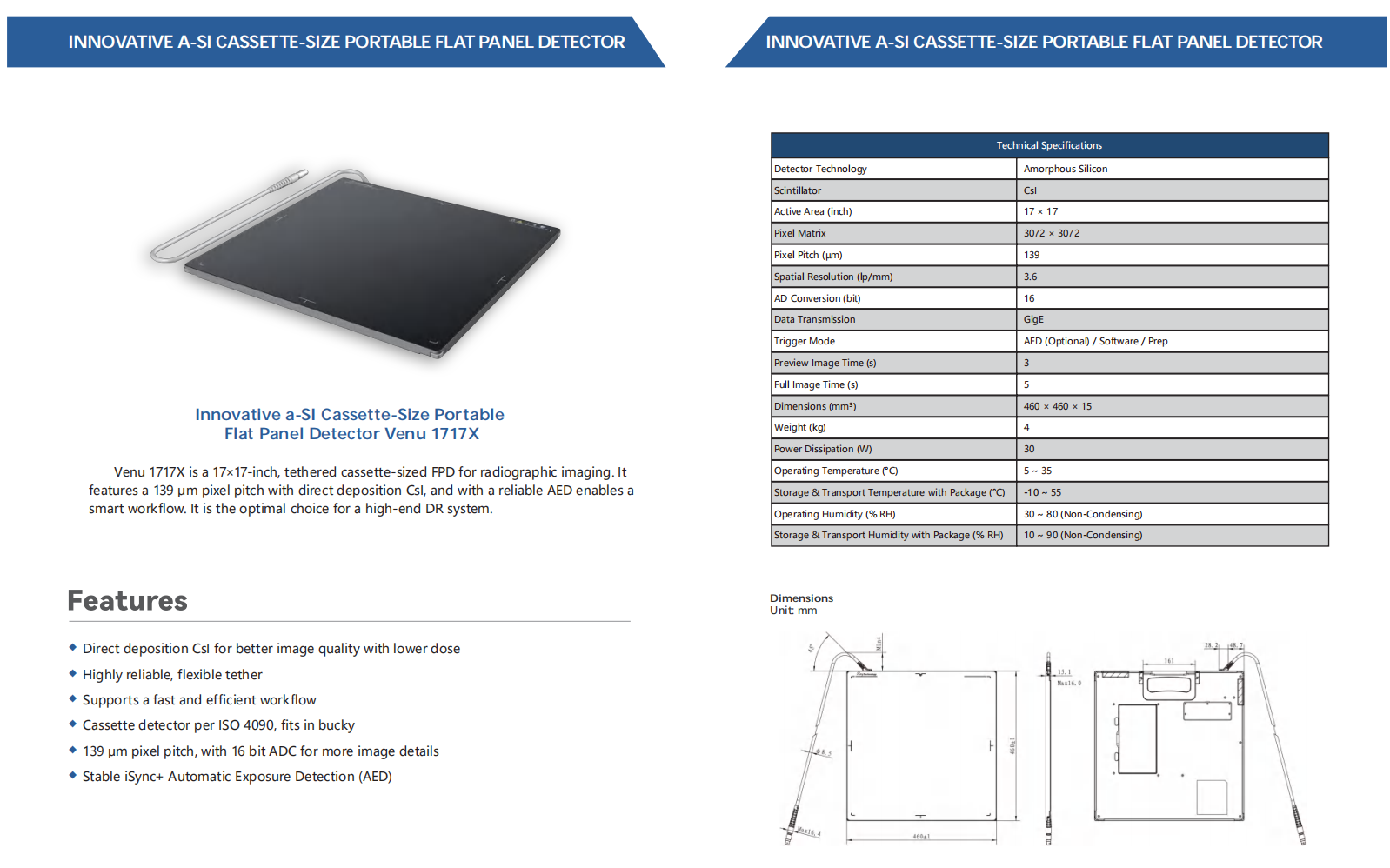17x17-inch Active Area Flat Panel Detector with Amorphous Silicon Technology and DICOM Compatibility