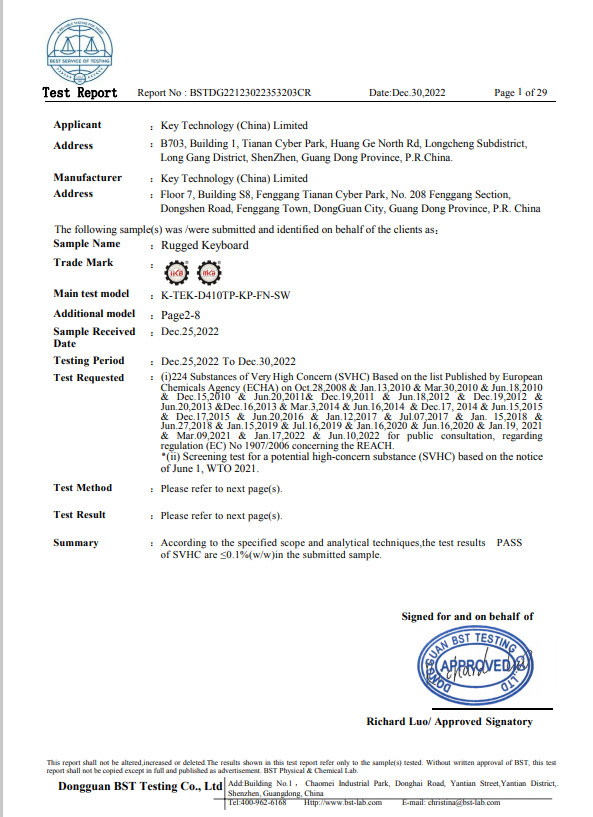 Key Technology ( China ) Limited Certifications
