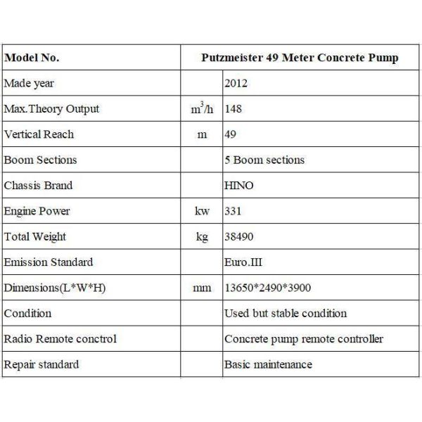 Second Hand Heavy Equipment Used Concrete Pump Putzmeister 49 Meter for Your Business