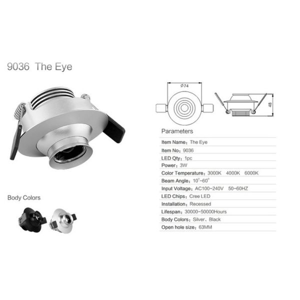3W 4000K Embedded LED Focus Spotlight Non Glare Ra 90 Stainless Steel