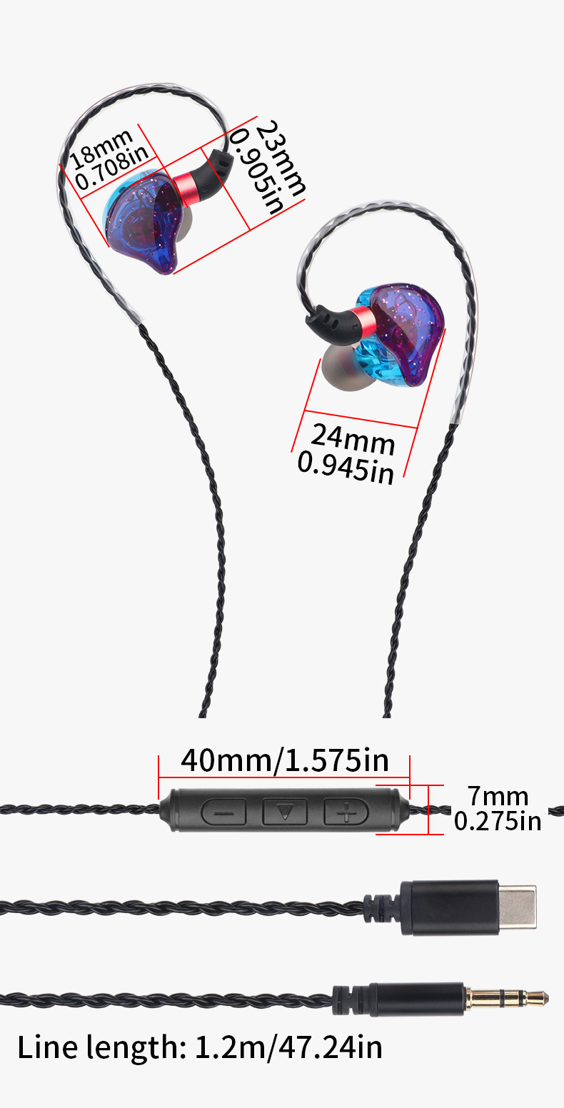 ML-AZ04 Type‑C/3.5mm Wired In‑Ear Earphones, 10mm Dynamic Driver HiFi Stereo Earbuds, Ergonomic Over‑Ear Hook Design with Built‑in Microphone Volume Control, 360° Surround Sound Sports Headphones
