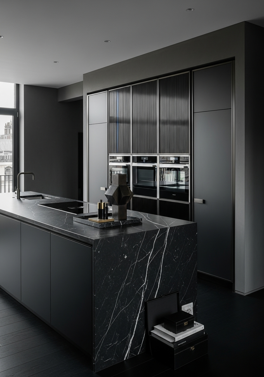 Stainless Steel Kitchen Cabinets Dark Glass Tailored Luxury Island System
