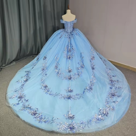 Glitter Off-the-shoulder V-neck Appliqued Lace Beaded Chapel Train Ball Gown Long Blue Tulle Quinceanera Dress 