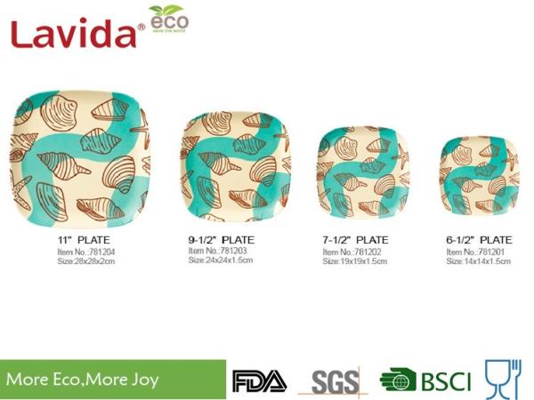Cute fresh Ocean sea shell Pattern Bamboo Fibre Square Side Plate Sandwich dish 5.5 inch 14cm for restaurant