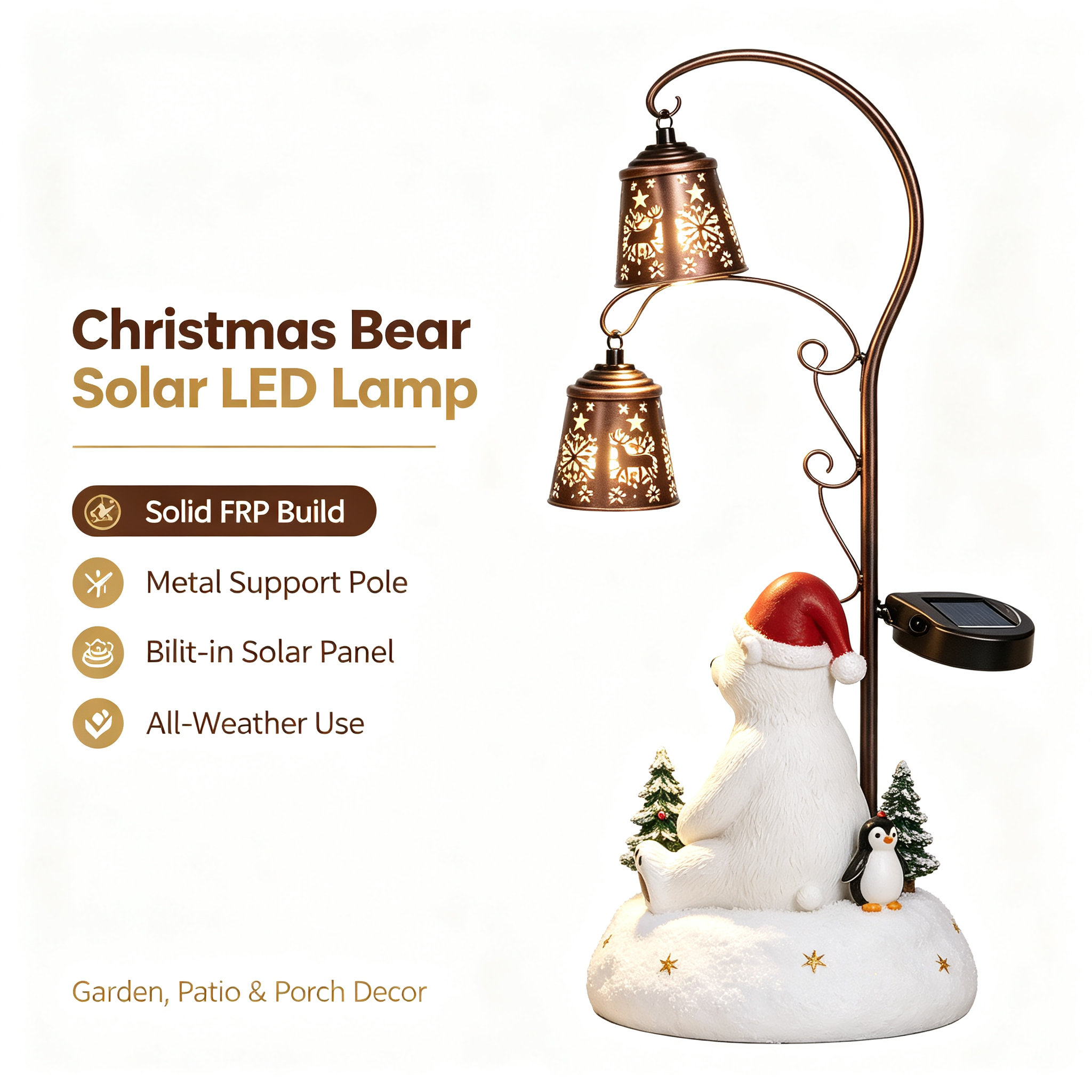 Christmas Polar Bear with Penguin Solar Garden Light Statue - Solar Powered Weather Resistant Interactive Holiday Decor