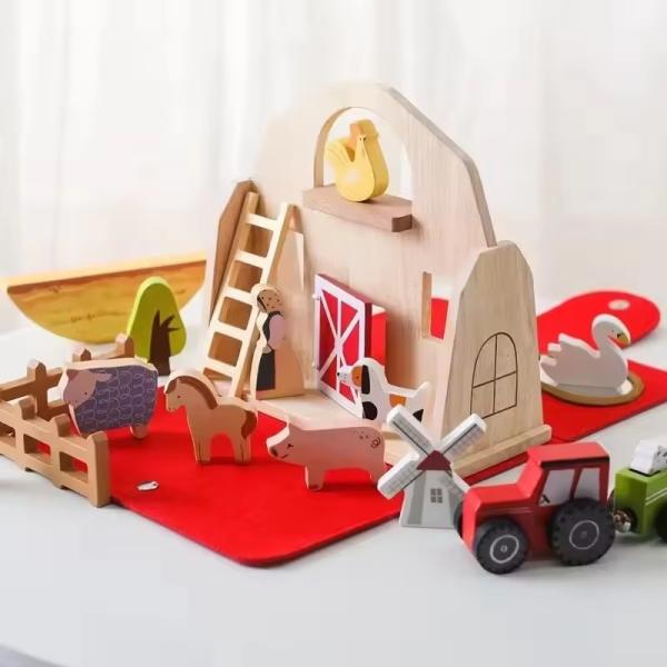 Classic Barn Play Set - Wooden Farm Toys For Toddlers - Farm Animals - Farmer's Barn With Carry Handle