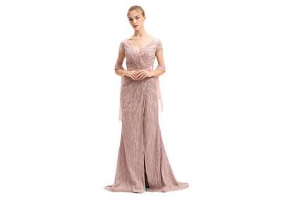 Beading Stones Split Long Womens Evening Gowns Deep V Neck / Arabic Party Dress