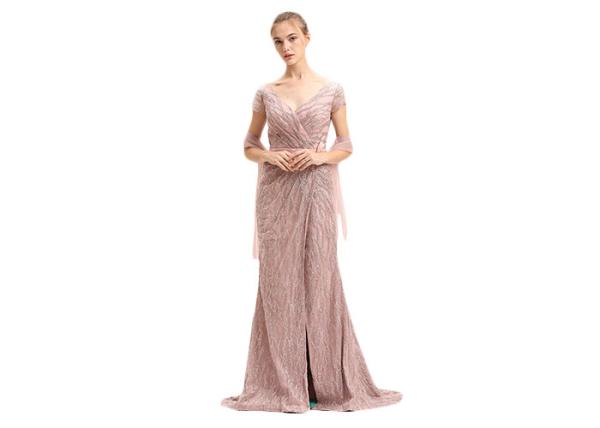 Beading Stones Split Long Womens Evening Gowns Deep V Neck / Arabic Party Dress