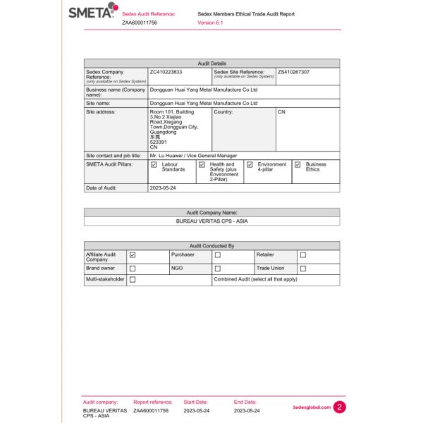 Dongguan Huaiyang Metal Manufacture Co., Limited Сертификации