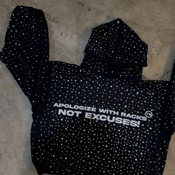 Peso pesado Negro Rhinestone Hoodie Streetwear Vintage Distressed Hoodie a prueba de viento