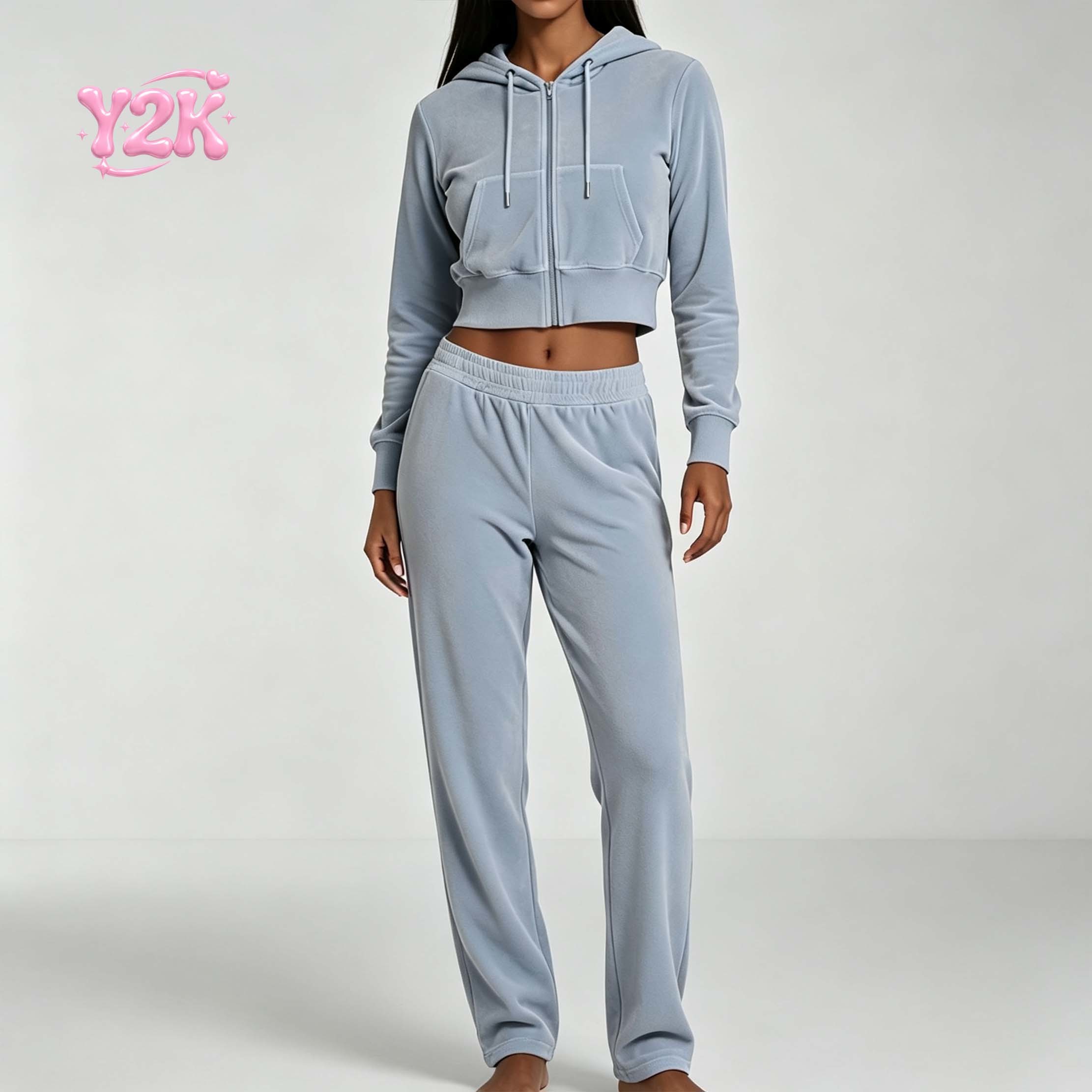 Custom Women's Velour Cropped Hoodie Straight Leg Pants Set