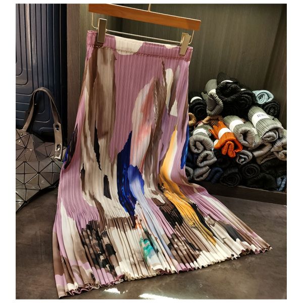 Women's Retro Style Summer Half Skirt New Casual Elastic Waist Pleated Mid-Length Design Oil Painting Contrasting Detail