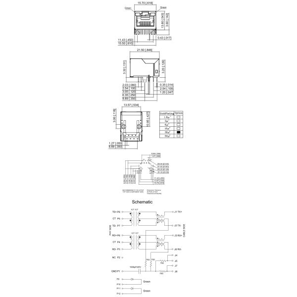 1 X 1 Brass Shielded RJ45 Connector Tab Up With LED 30u 
