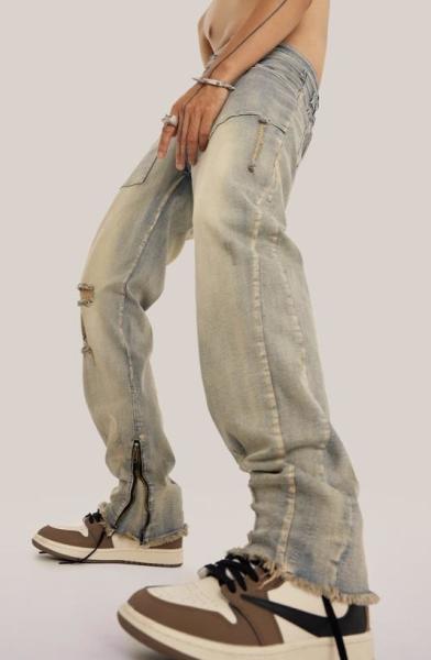 Parte inferior crua da bainha das calças de brim unisex de Vintage Washed Street do fabricante de roupa da quantidade pequena com zíper