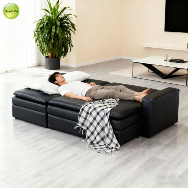 Multi-Functional PU Leather L-Shaped Corner Sofa For Living Room Convertible Sleeping Foldable Sofa Bed with Storage Chaise & Ottoman