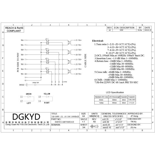RJ45 connector 1X1 1000BASE TAB-DOWN network socket Ethernet connector RJ45 interface DGKYD111Q070AB2A1D