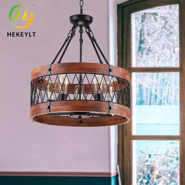 American Retro Five Head Round Wood Chandelier Modern Simple Living Room Bedroom Hotel Pendente Luz
