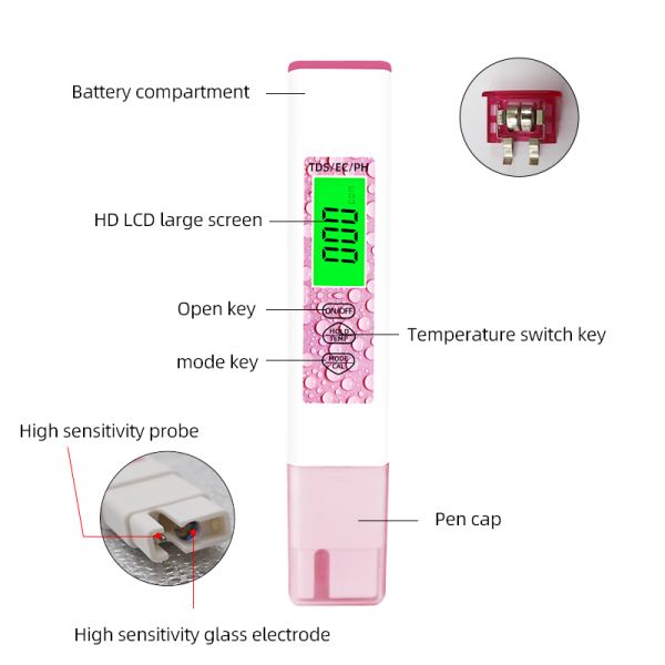Back Light Display 4 in 1 Water Test Pen for Home Swimming Pool and Aquaculture Control