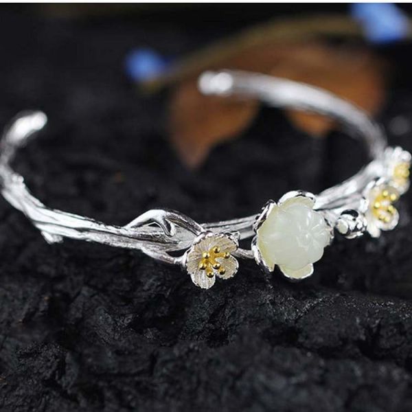 Sterling Silver Natural Jade Culptured Flower Gold Plated Women Bracelet(049924)