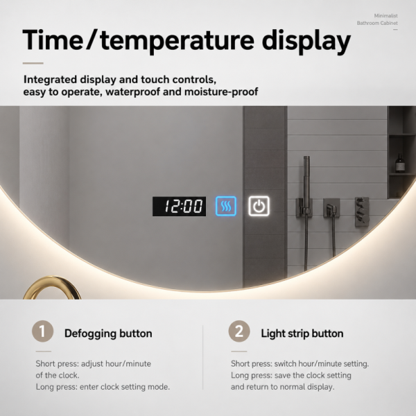 Kingstin Frameless LED Backlit Bathroom Mirror, Anti-Fog Smart Vanity Mirror with Time Display, 3 Color Dimmable Wall Mirror