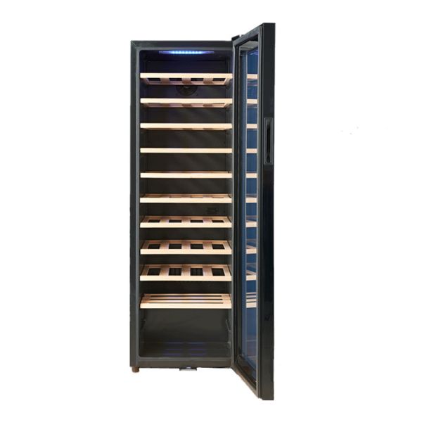 Modern Black Wooden Kitchen Wine Cooler with Lockable Glass Door Digital Touch Control and Adjustable Wooden Shelves