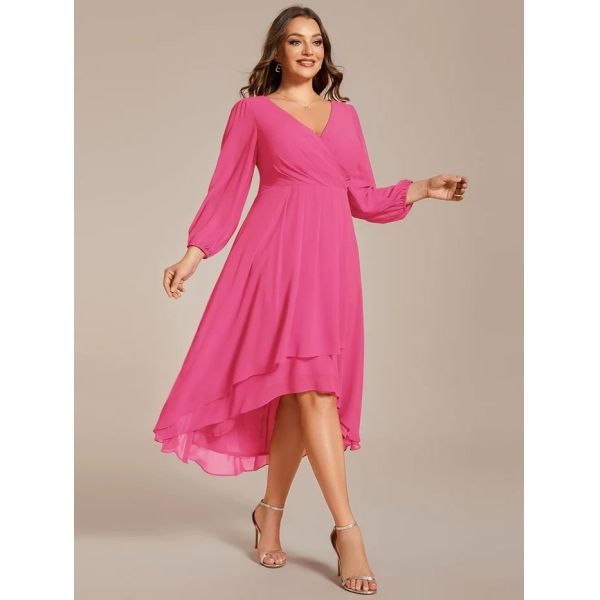 Plus Size Ruffled A-line Long Sleeve V-neck High Low Wedding Guest Navy Blue Chiffon Bridesmaid Dress