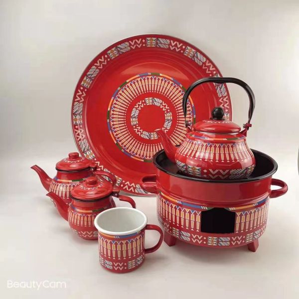 Customized Color Turkish Tea Cup Set Enamel Teapot 0.8L 12L 18L 24L Capacity