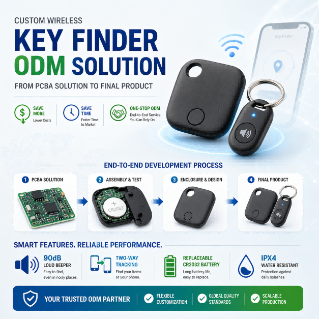 Custom Wireless Key Finder Locator ODM Solution – 90dB Loud Beeper, Two-Way Tracking, Replaceable CR2032 Battery, IPX4