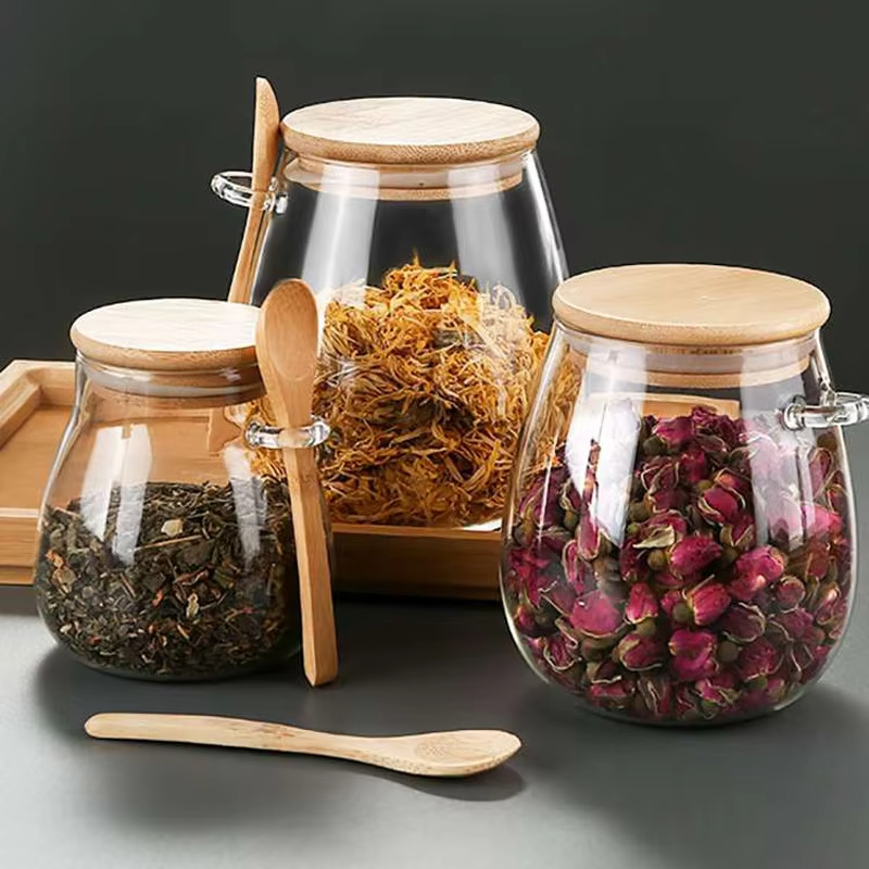 Minimalist Design Borosilicate Glass Canister Spice Jar With Bamboo Lid Spoon