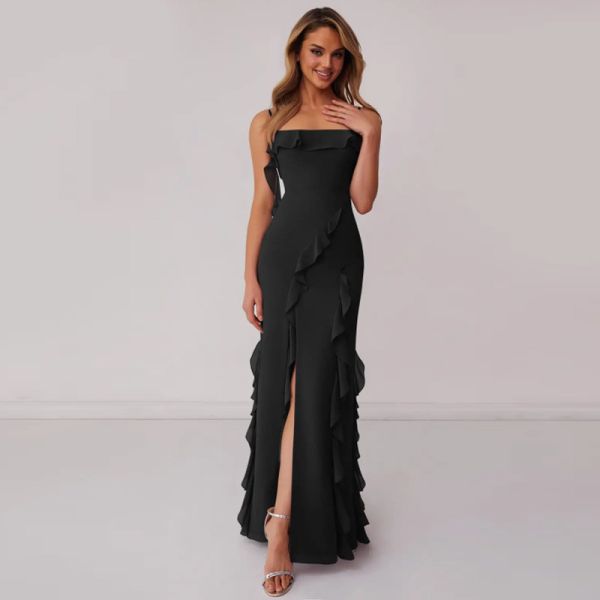 Excellent Plus Size Black Chiffon Bridesmaid Dress Sheath Spaghetti Straps Ruffles Backless Straight Front Split Slit