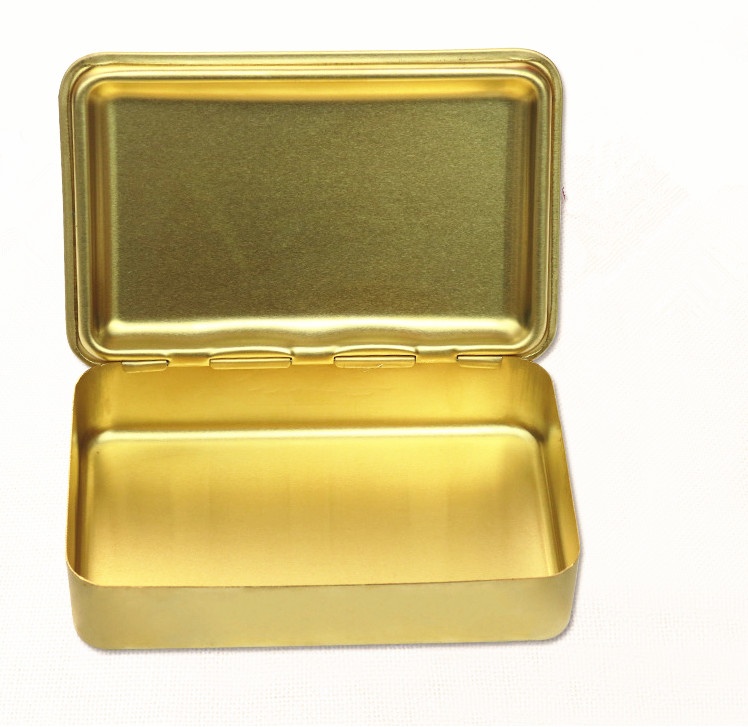 Promotional food storage tins gold color candy with hinged lid and embossed logo