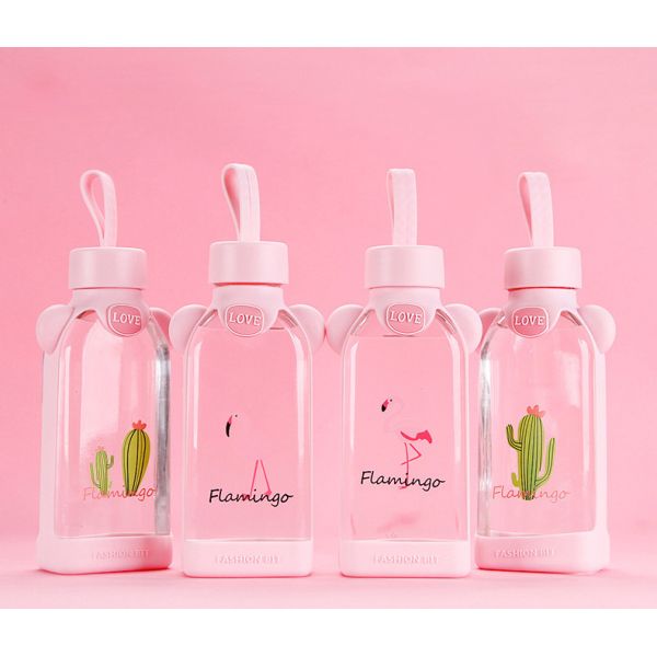 Flamingo Shape Cute Glass Bottle , Pink Glass Bottle With Silicone Sleeve