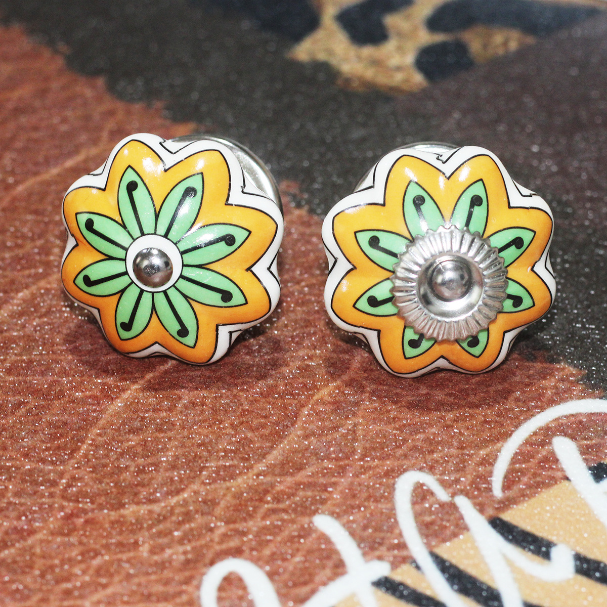 Vintage Bohemian Ceramic Petal Shape Colorful Handle Knob Kitchen Bedroom Drawer Cabinet Door Handle