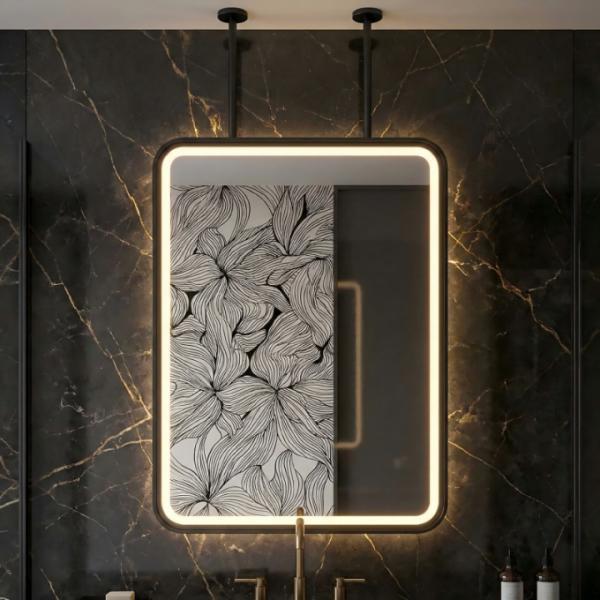 Kingstin Modern Ceiling Hanging Mirror with LED Light, Rectangular Drop Vanity Mirror with Decorative Art Back,