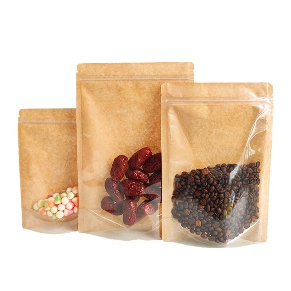 Brown Clear Front Recycled Kraft Paper Back Corner Flat Zip Lock Food Grade Digital/Gravure Printing Stand Pouch Packaging Bag