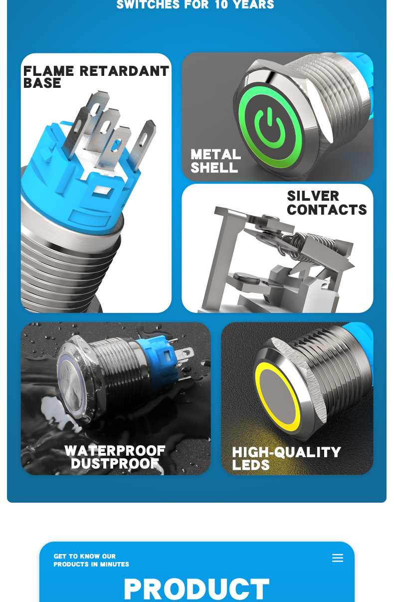 19mm Waterproof Metal Push Button Switch 1NO1NC Flat Head Ring-LED Momentary Switch IP65 Level 220v Max. Voltage