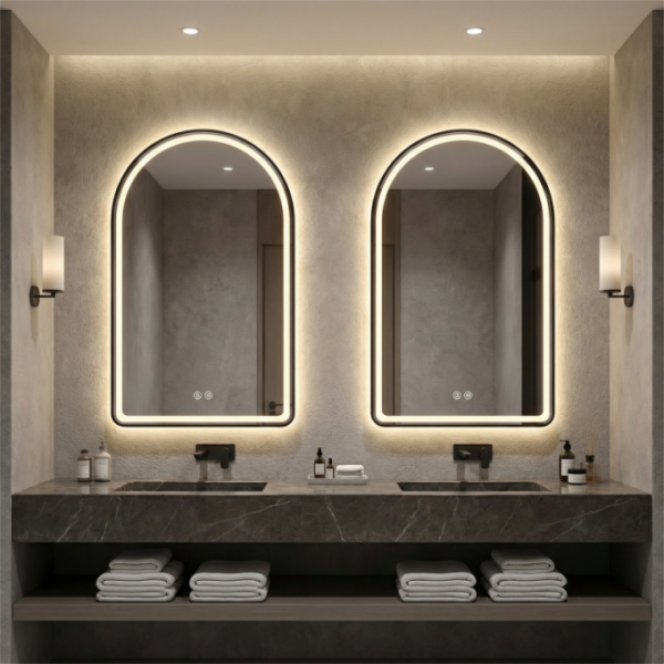 Smart Touch Modern Fogless Anti Fog Framed White Lighted Illuminated Frontlit Led With Lights Arched Bathroom Mirror