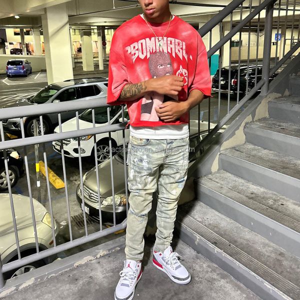 Men's Custom Streetwear Vintage Acid Wash Sun Faded Raw Hem Boxy Fit Crop Top T-Shirt