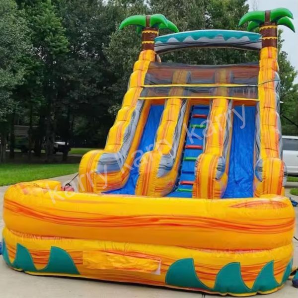 OEM Acceptable Commercial Waterslide Green Large Palm Tree Inflatable Water Slide with Pool
