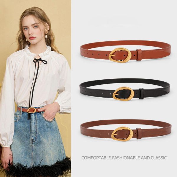 Thin Adjustable Belt Genuine Leather Belts for Women Matte Gold Oval Buckle Belts for Dresses