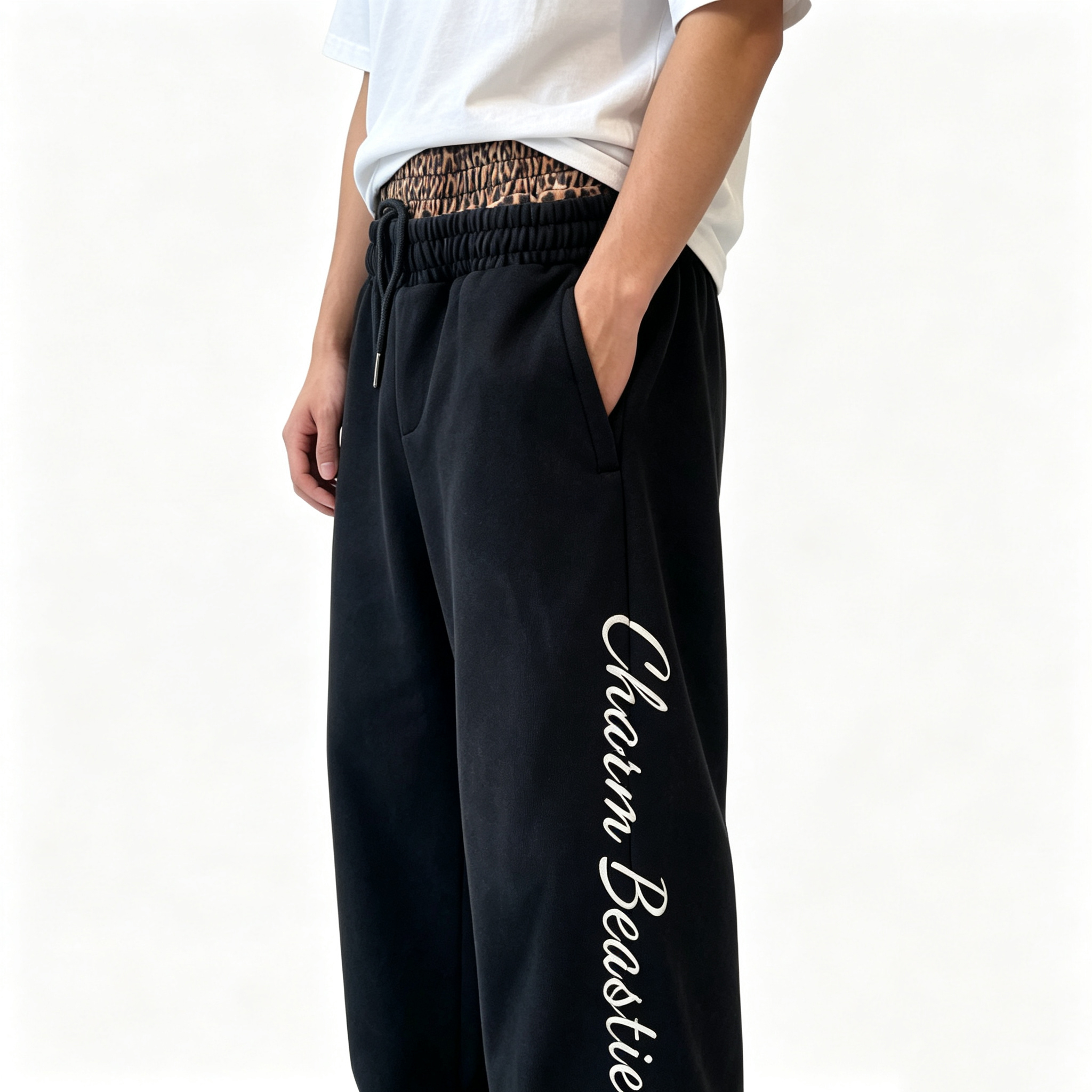 Faded Mens Wide Leg Pants Leopard Waist Terry Wide Leg Sweatpants Vertical Letter Embroidery