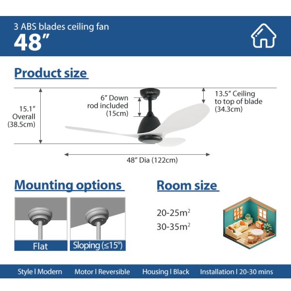 Ventilador de tecto ABS de 48 polegadas com controle remoto de 6 velocidades sem design elegante