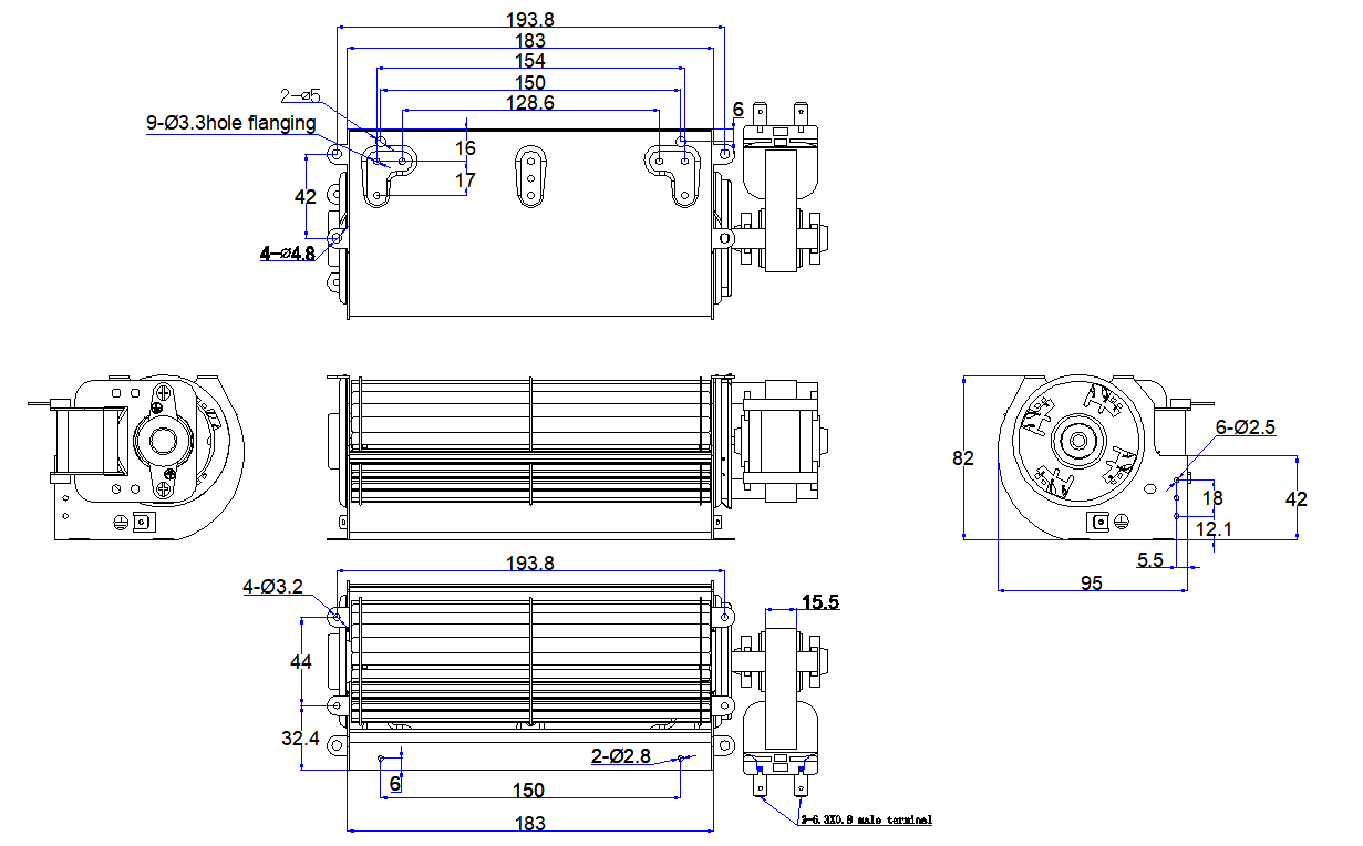 El flujo cruzado del arrabio aviva el ventilador 60HZ de 400m/h 180m m tangencial para el horno