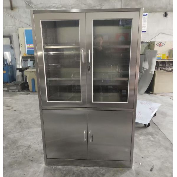 Gabinete de instrumentos médicos de acero inoxidable con puertas de vidrio con cerradura y cajones