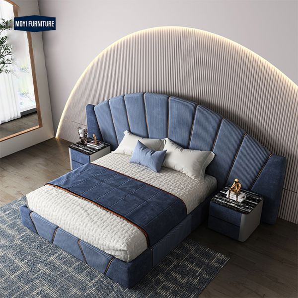 Velvet Upholstered Italian Light Luxury King Size Bed Double Bed Set Modern Blue Leather Bedroom Furniture Elegant Style