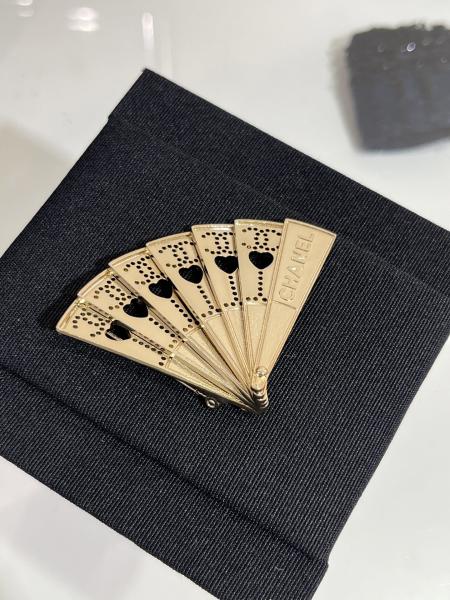 Handmade Brass Fan Brooch with Swarovsk* Diamond and Light Yellow Gold Finish - Elegant Double C Openwork Design