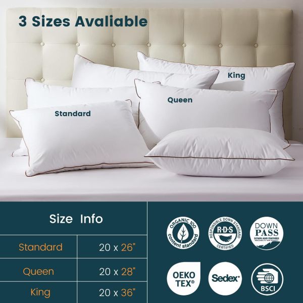 Soft Square 100% Polyester Set of 2 Luxury Hungarian Goose Down Pillows for Sleeping