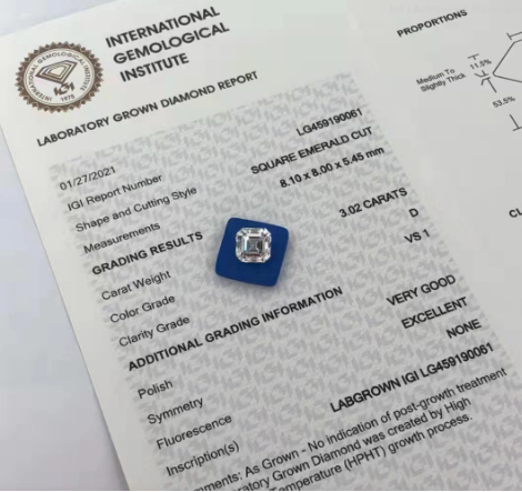 3.02 Ct D VS1 EX Лабораторно выращенный бриллиант Ювелирные изделия HPHT Квадратный изумрудный бриллиант